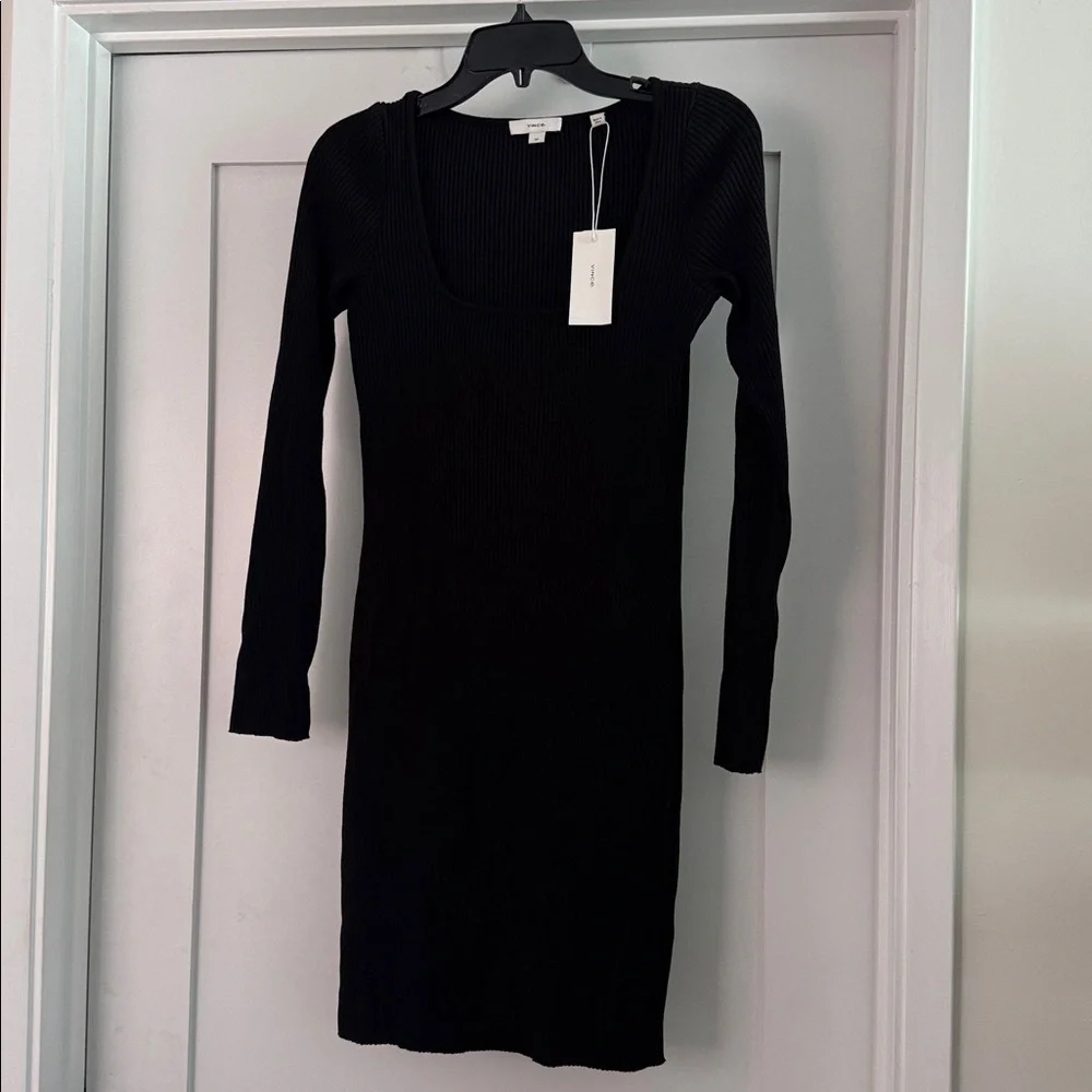 NWT Vince Square Neck Knit Dress Long Sleeve Black Ribbed Knit Mini Small $195 - Picture 3 of 7
